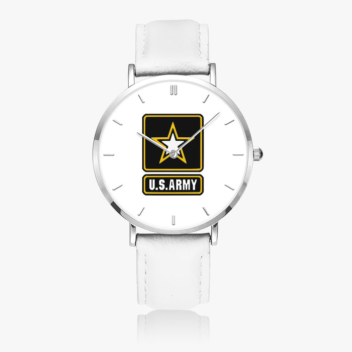 US Army-Ultra Thin Leather Strap Quartz Watch (Silver With Indicators)