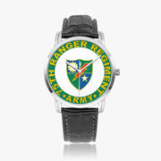75th Ranger Regiment-Wide Type Silver Watch with a Black Leather Band