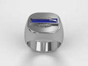 A video illustrating a sleek silver men's military style signet ring with a raised Combat Infantry Badge logo rotating on a 360 degree turn table.