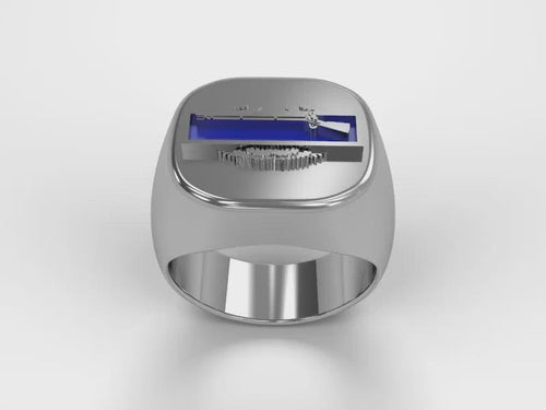 A video illustrating a sleek silver men's military style signet ring with a raised Combat Infantry Badge logo rotating on a 360 degree turn table.