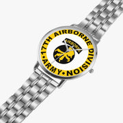 17th Airborne Division Silvertone Watch is displayed in a perspective view on a white background with the silver metal strap stretched out.