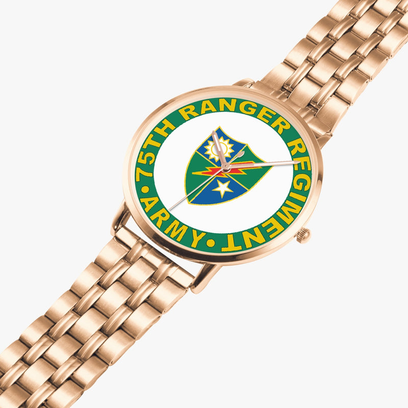 75th Ranger Regiment Goldtone Watch is displayed in a perspective view on a white background with the gold metal strap stretched out.