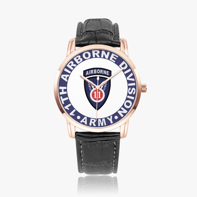 11th Airborne Division-Wide Type Golden Watch with a Black Leather Band