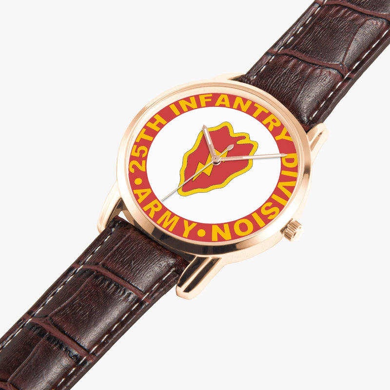 25th Infantry Division-Wide Type Golden Watch is displayed in a perspective view on a white background with the brown leather band