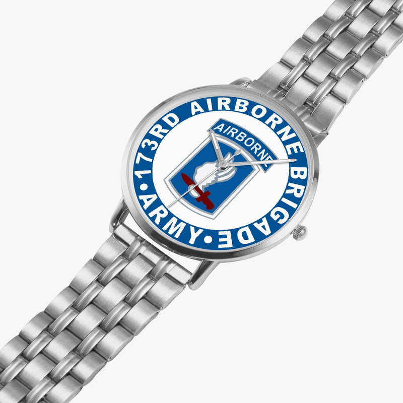 173rd Airborne Brigade Silvertone Watch is displayed in a perspective view on a white background with the silver metal strap stretched out.