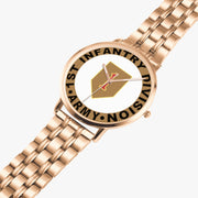 1st Infantry Division Goldtone Watch is displayed in a perspective view on a white background with the gold metal strap stretched out.