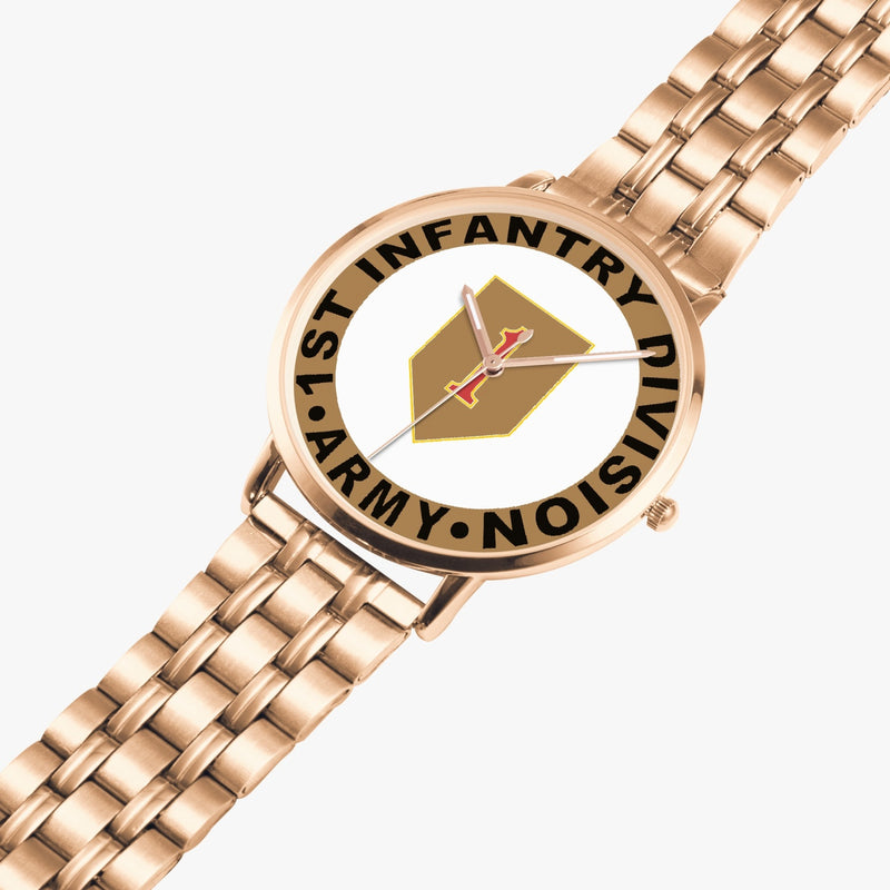 1st Infantry Division Goldtone Watch is displayed in a perspective view on a white background with the gold metal strap stretched out.