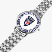 11th Airborne Division Silvertone Watch is displayed in a perspective view on a white background with the silver metal strap stretched out.