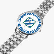 3rd Infantry Division Silvertone Watch is displayed in a perspective view on a white background with the silver metal strap stretched out.