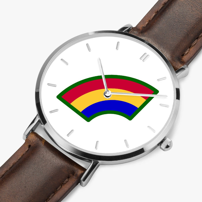 42nd Infantry Division-Ultra Thin Leather Strap Quartz Watch (Silver With Indicators)