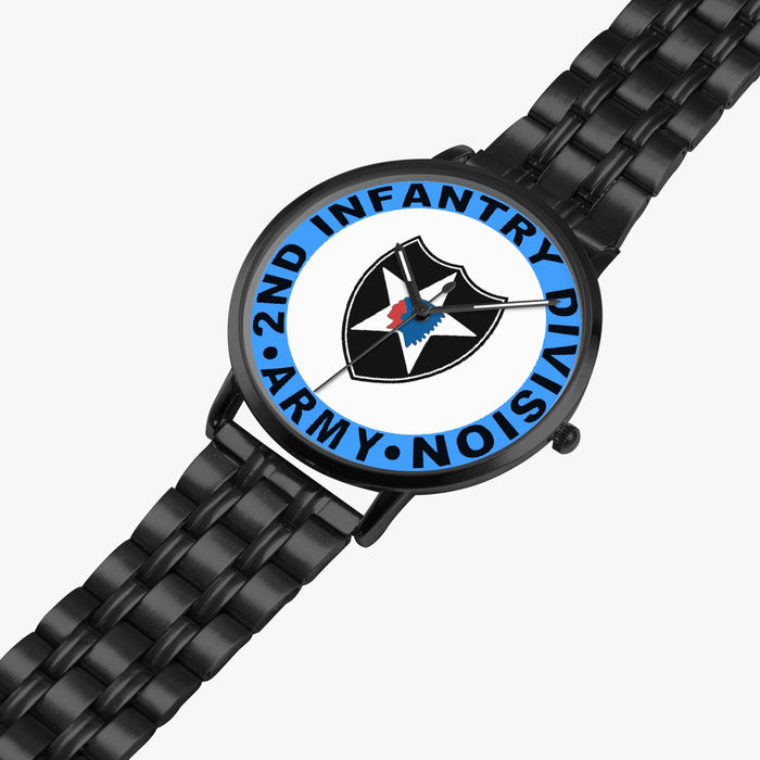 2nd Infantry Division Watch is displayed in a perspective view on a white background with the black metal strap stretched out.