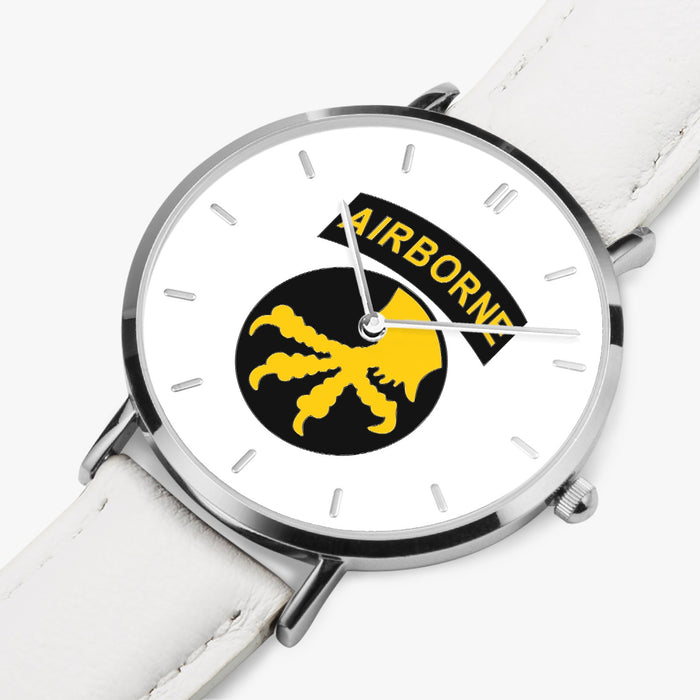 17th Airborne Division-Ultra Thin Leather Strap Quartz Watch (Silver With Indicators)