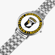 The 101st Airborne Division Silvertone Watch is displayed in a perspective view on a white background with the silver metal strap stretched out.