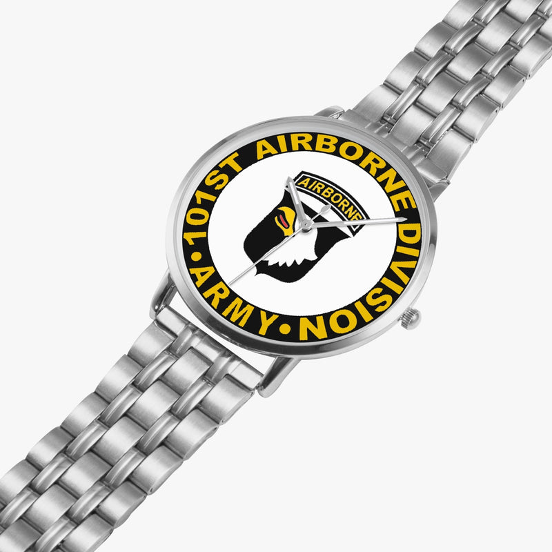 The 101st Airborne Division Silvertone Watch is displayed in a perspective view on a white background with the silver metal strap stretched out.