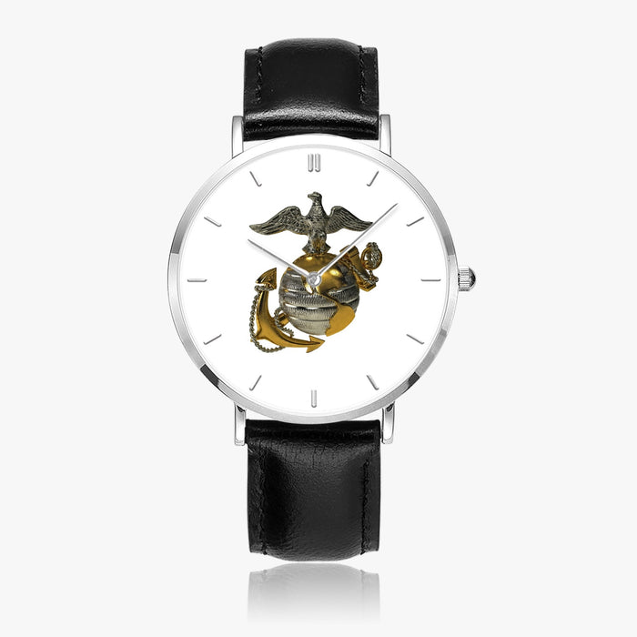 US Marine Corps-Ultra Thin Leather Strap Quartz Watch (Silver With Indicators)