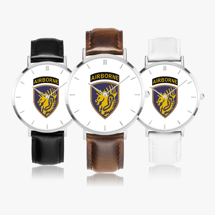 13th Airborne Division-Ultra Thin Leather Strap Quartz Watch (Silver With Indicators)