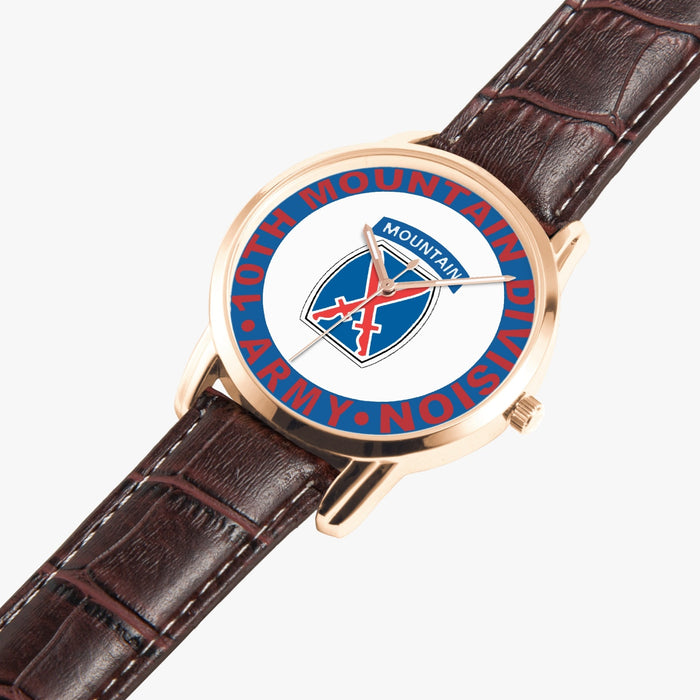 10th Mountain Division-Wide Type Golden Watch is displayed in a perspective view on a white background with the brown leather band.