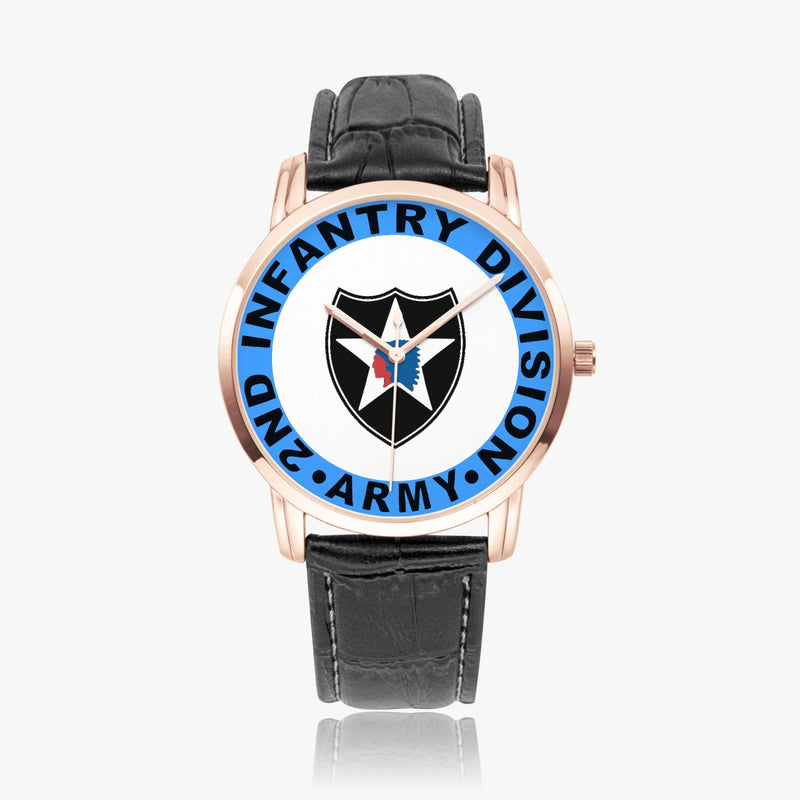 2nd Infantry Division-Wide Type Golden Watch with a Black Leather Band