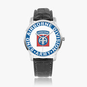 82nd Airborne Division-Wide Type Silver Watch with a Black Leather Band