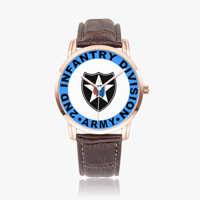 2nd Infantry Division-Wide Type Golden Watch with a Brown Leather Band