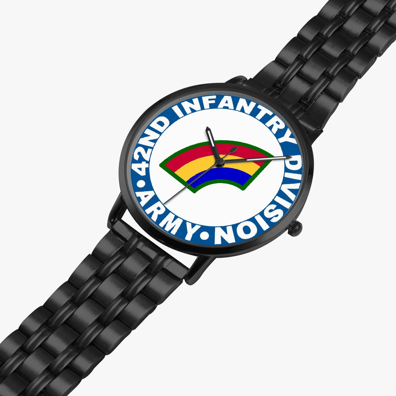 42nd Infantry Division Watch is displayed in a perspective view on a white background with the black metal strap stretched out.