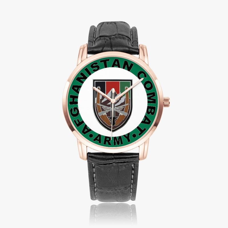 US Forces Afghanistan-Wide Type Gold Watch with a Black Leather Band