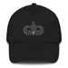 A black Senior Parachutist Hat with the logo on the front.  The hat has a curved visor and an adjustable strap at the back.