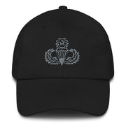 A black Master Parachutist Hat with the logo on the front.  The hat has a curved visor and an adjustable strap at the back.