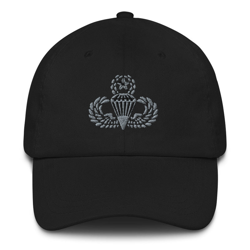 A black Master Parachutist Hat with the logo on the front.  The hat has a curved visor and an adjustable strap at the back.