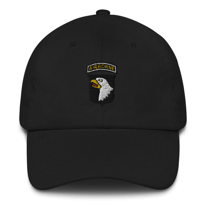 A black 101st Airborne Hat with the logo on the front.  The hat has a curved visor and an adjustable strap at the back.