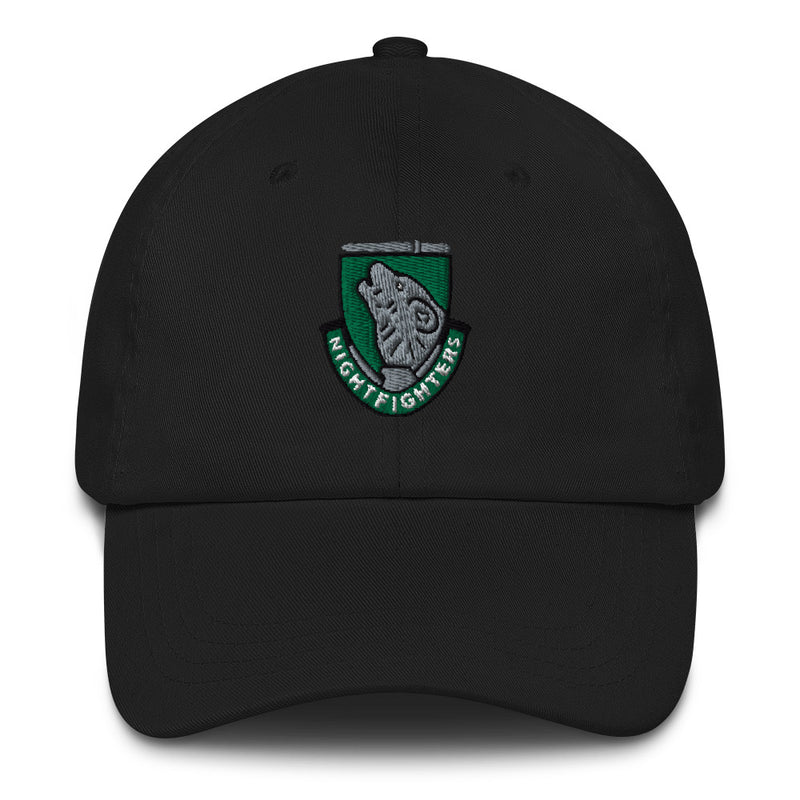 A black 104th Infantry Division Hat with the logo on the front.  The hat has a curved visor and an adjustable strap at the back.