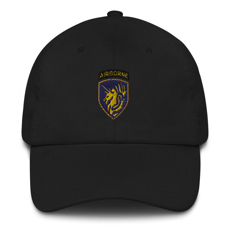 A black 13th Airborne Division Hat with the logo on the front.  The hat has a curved visor and an adjustable strap at the back.