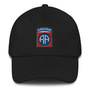 A black 82nd Airborne Hat with the logo on the front.  The hat has a curved visor and an adjustable strap at the back.