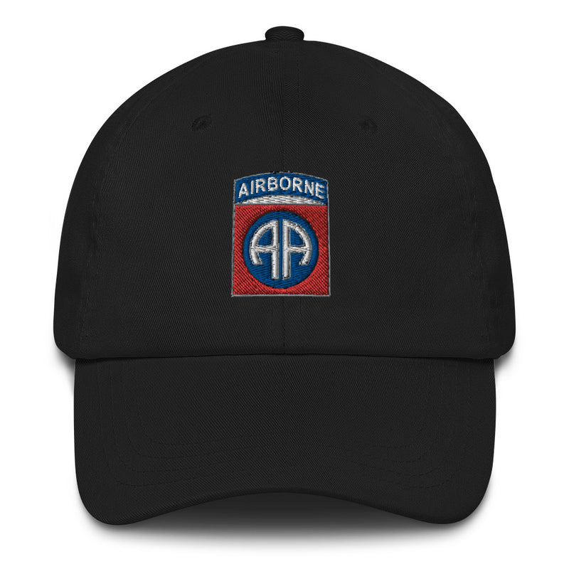 A black 82nd Airborne Hat with the logo on the front.  The hat has a curved visor and an adjustable strap at the back.