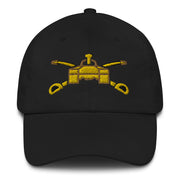 A black Army Armor Hat with the logo on the front.  The hat has a curved visor and an adjustable strap at the back.