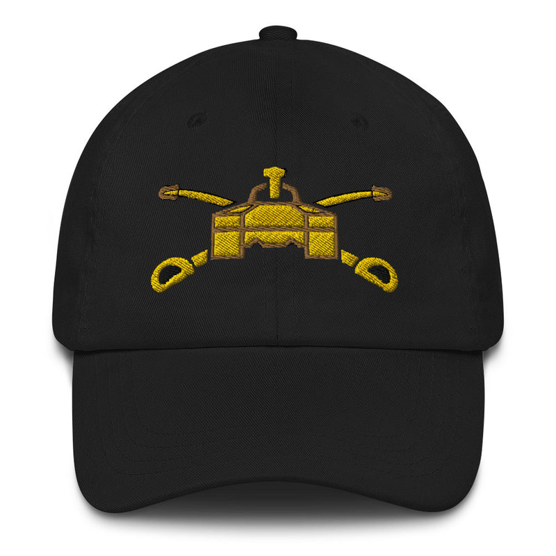 A black Army Armor Hat with the logo on the front.  The hat has a curved visor and an adjustable strap at the back.