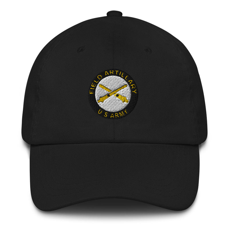 A black US Army Field Artillery Hat with the logo on the front.  The hat has a curved visor and an adjustable strap at the back.