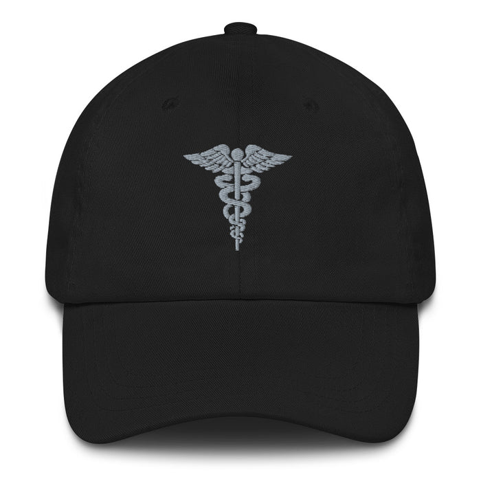 A black Hospital Corpsman Hat with the logo on the front.  The hat has a curved visor and an adjustable strap at the back.