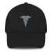 A black Hospital Corpsman Hat with the logo on the front.  The hat has a curved visor and an adjustable strap at the back.