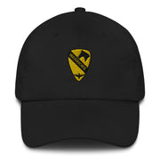 A black 1st Air Cavalry Brigade Hat with the logo on the front.  The hat has a curved visor and an adjustable strap at the back.