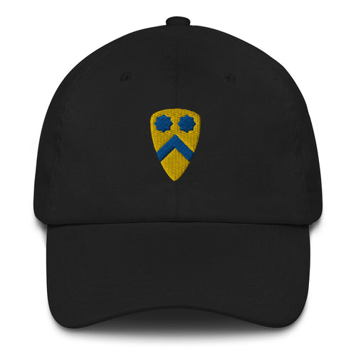 A black 2nd Cavalry Division Hat with the logo on the front.  The hat has a curved visor and an adjustable strap at the back.