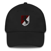 A black 11th Armored Cavalry Regiment Hat with the logo on the front.  The hat has a curved visor and an adjustable strap at the back.