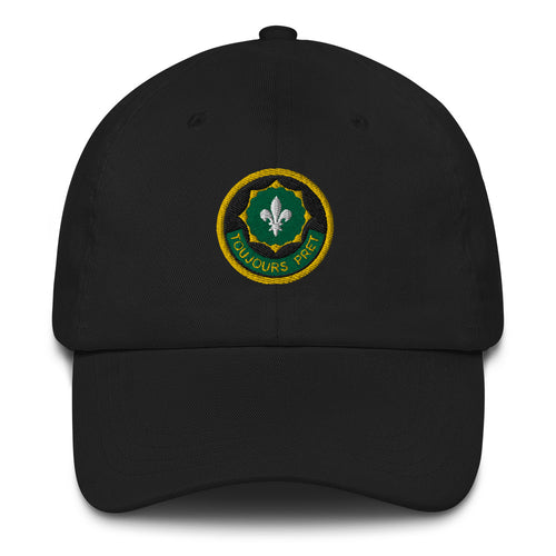 A black 2nd-cavalry-regiment Hat with the logo on the front.  The hat has a curved visor and an adjustable strap at the back.