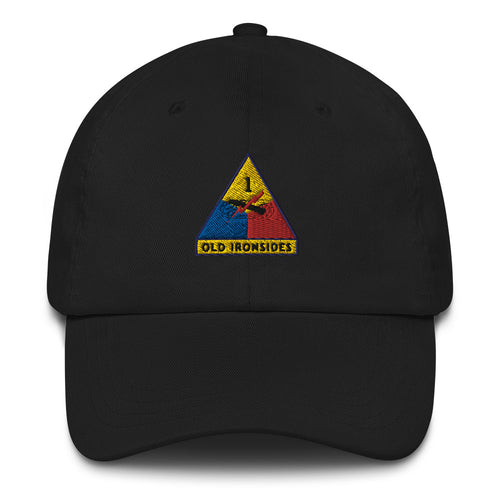 A black 1st Armored Division Hat with the logo on the front.  The hat has a curved visor and an adjustable strap at the back.