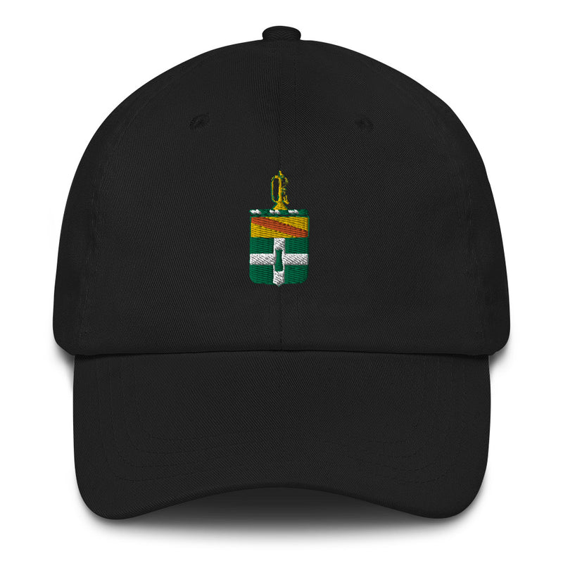 A black 3rd Cavalry Regiment Hat with the logo on the front.  The hat has a curved visor and an adjustable strap at the back.