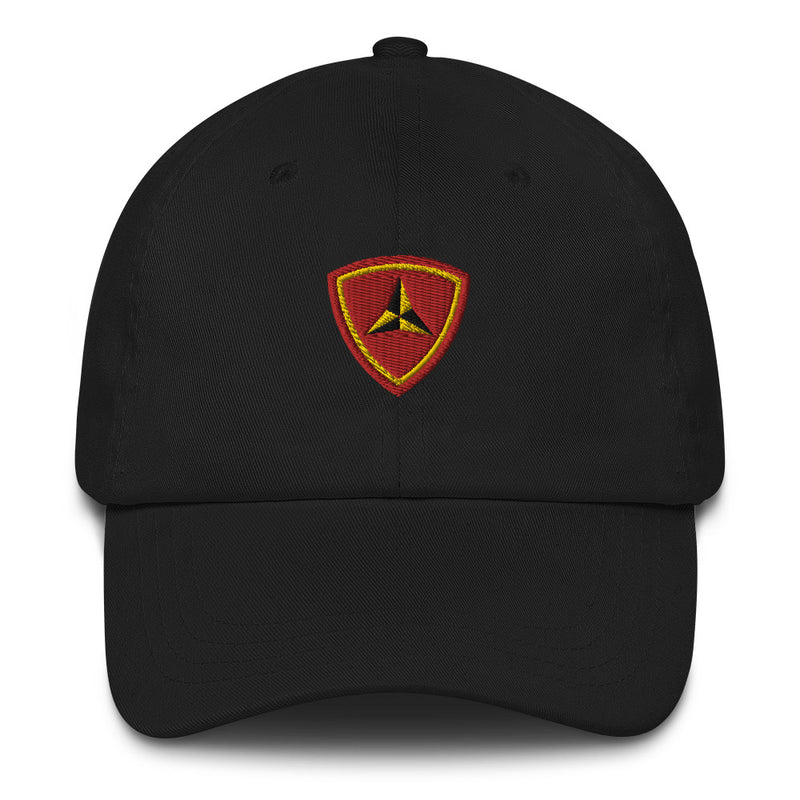 A black 3rd Marine Division Hat with the logo on the front.  The hat has a curved visor and an adjustable strap at the back.