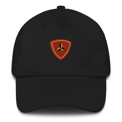 A black 3rd Marine Division Hat with the logo on the front.  The hat has a curved visor and an adjustable strap at the back.