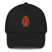 A black 2nd Marine Division Hat with the logo on the front.  The hat has a curved visor and an adjustable strap at the back.