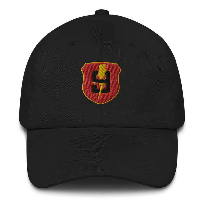 A black 9th Regiment Hat with the logo on the front.  The hat has a curved visor and an adjustable strap at the back.