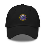 A navy blue Navy Seabees Hat with the logo on the front.  The hat has a curved visor and an adjustable strap at the back.